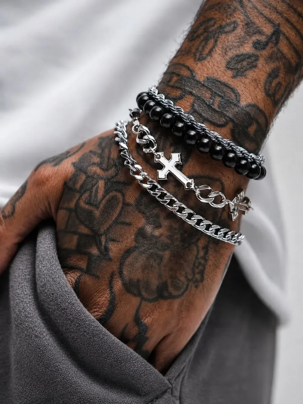 Stainless Steel Cross Bracelet Set – 4 Piece Layered Bracelet Collection